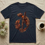 Vintage ink illustration of an eyelash leaf-tailed gecko clinging to a branch with its tail curled beside a serrated leaf, no on-shirt text. — shown on a Navy tee.
