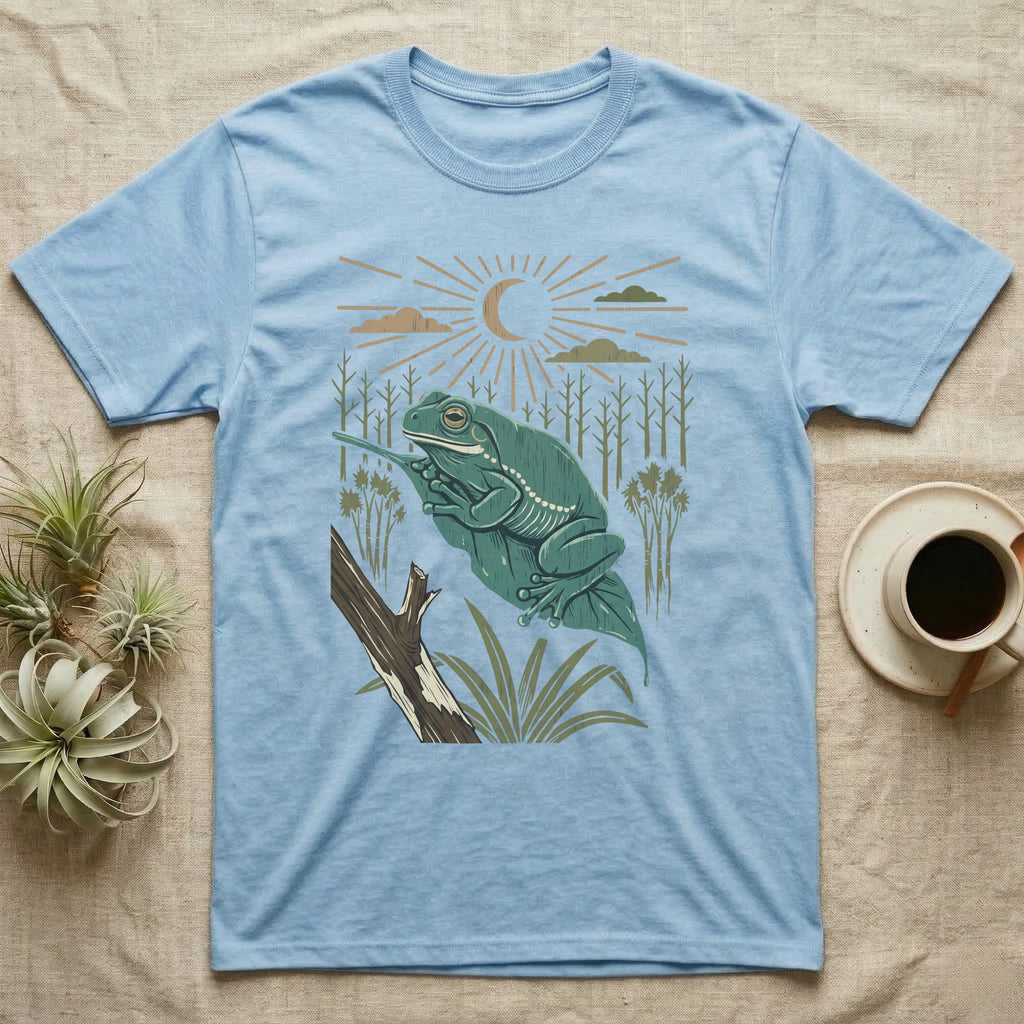 White's Tree Frog Home Range T-Shirt in Light Blue — Woodcut-style illustration of a White's tree frog resting on a broad wet leaf with reed stems and a crescent moon behind, no on-shirt text.