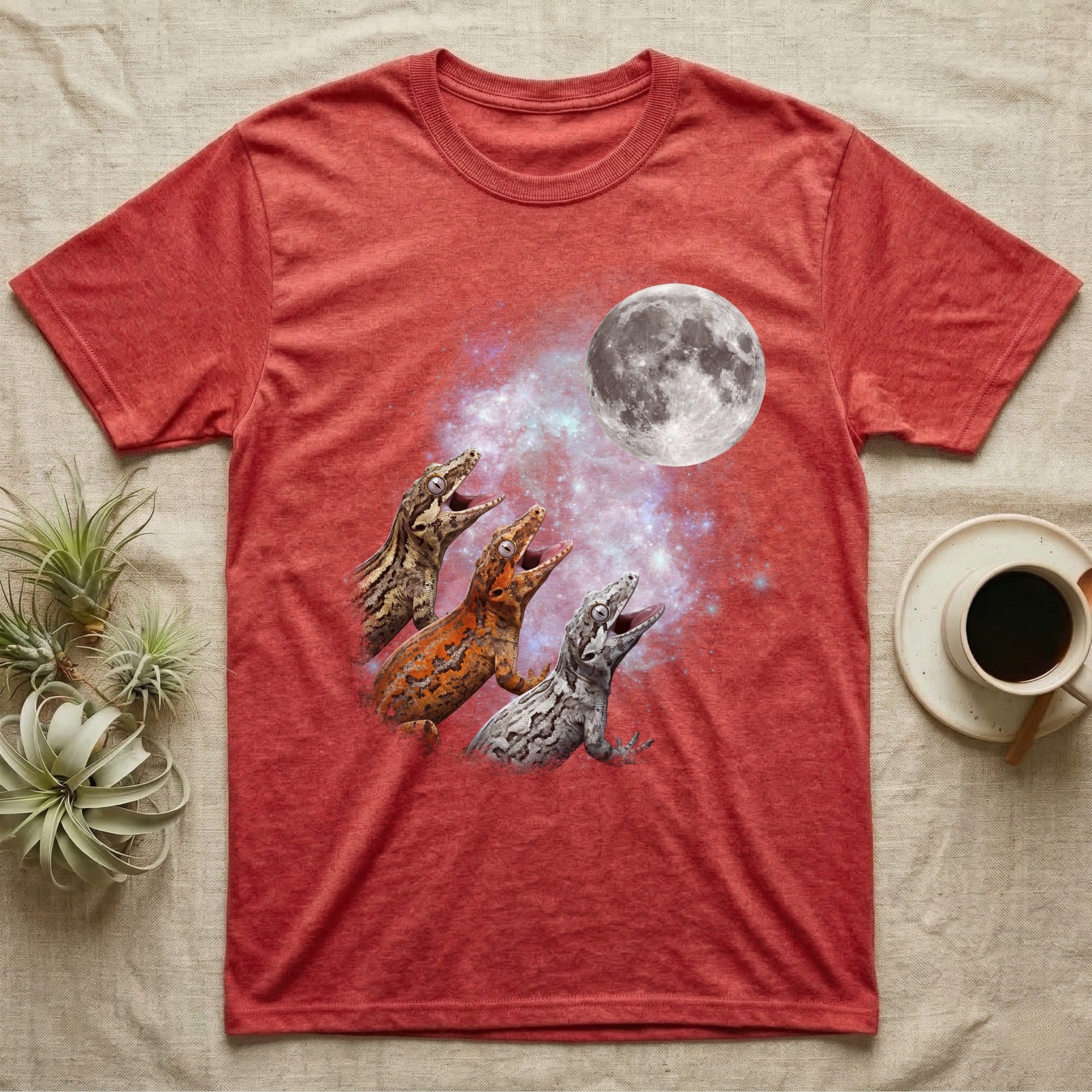 Gargoyle Gecko Moon Howl T-Shirt in Heather Red — Three Gargoyle Gecko colour morphs howling at a full moon over a nebula on a dark grey t-shirt.