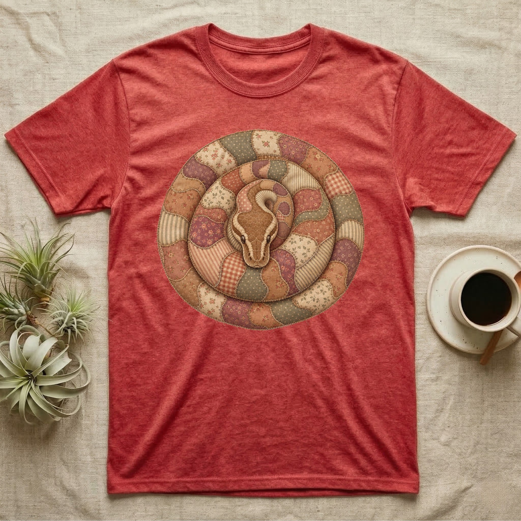 Red t-shirt with a quilted snake coiled in a circle design.
