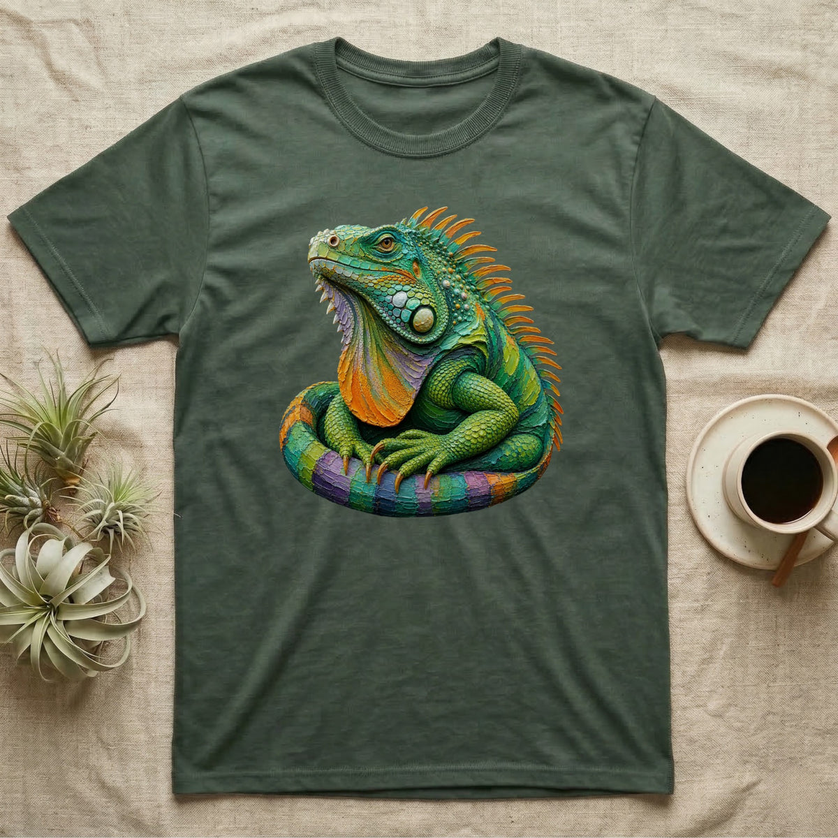 Green iguana graphic on a dark green t-shirt.