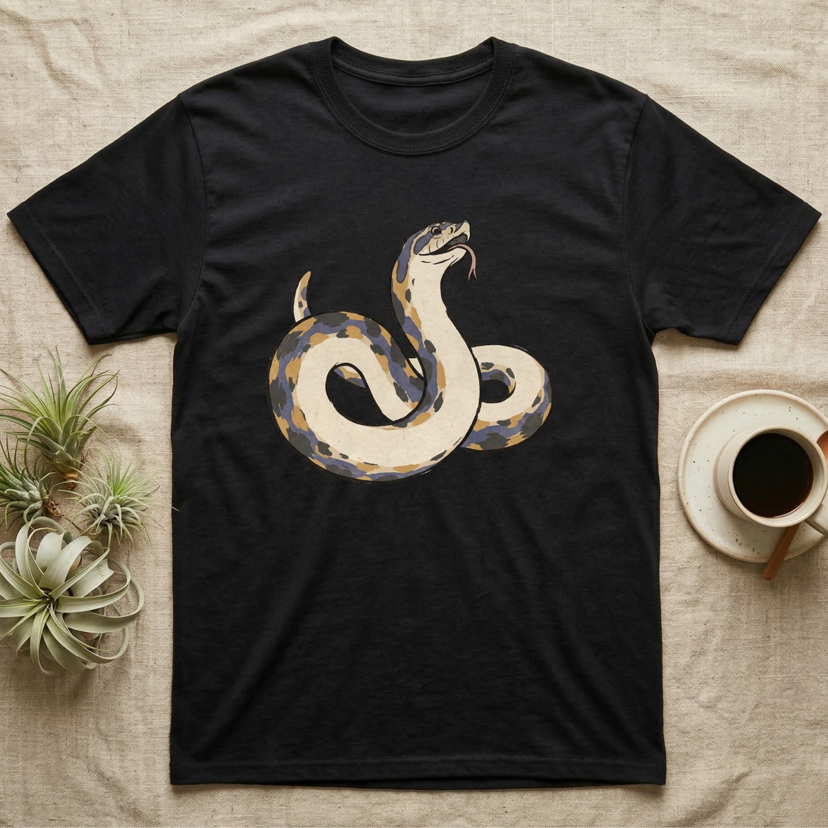 Hognose Play Dead T-Shirt in Black — Ukiyo-e woodblock illustration of a western hognose snake playing dead belly-up with a deadpan serif caption beneath.