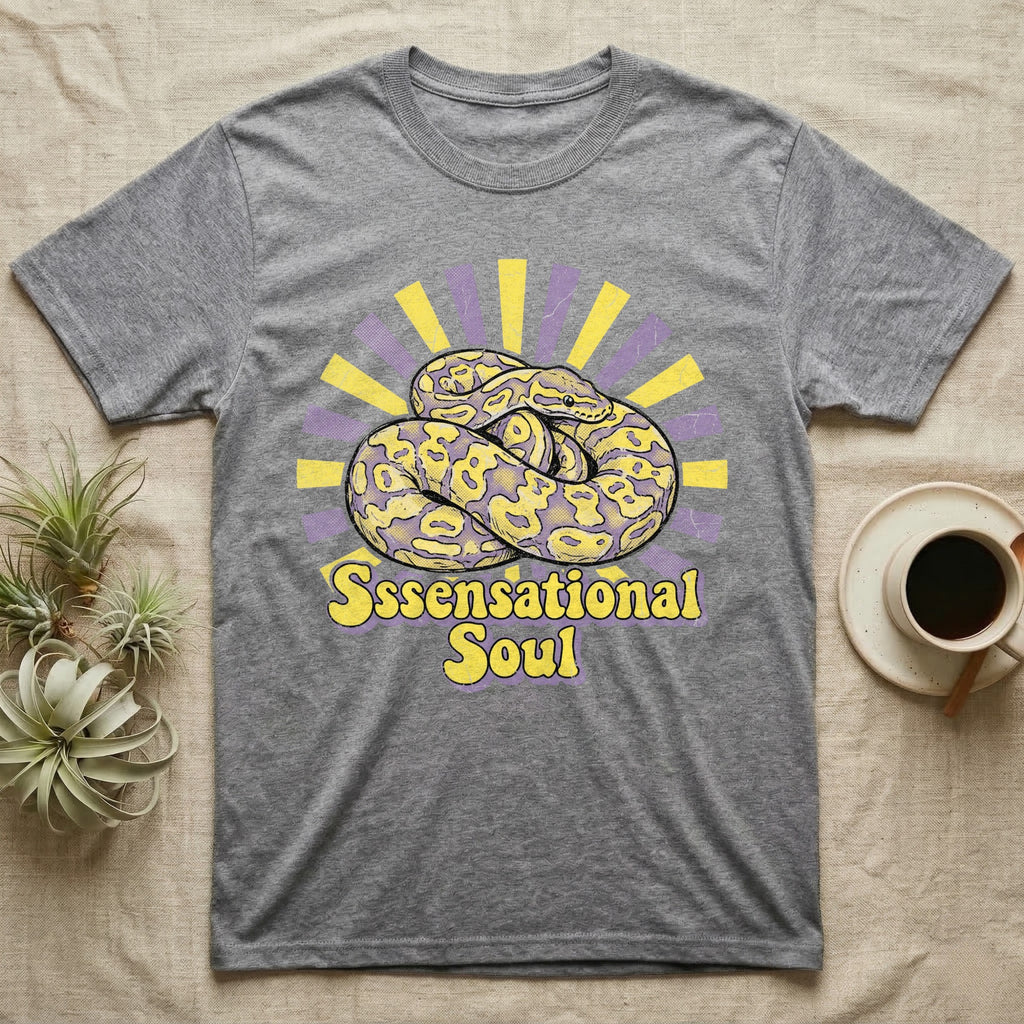 Grey t-shirt with yellow and purple snake and "Sssensational Soul" text.