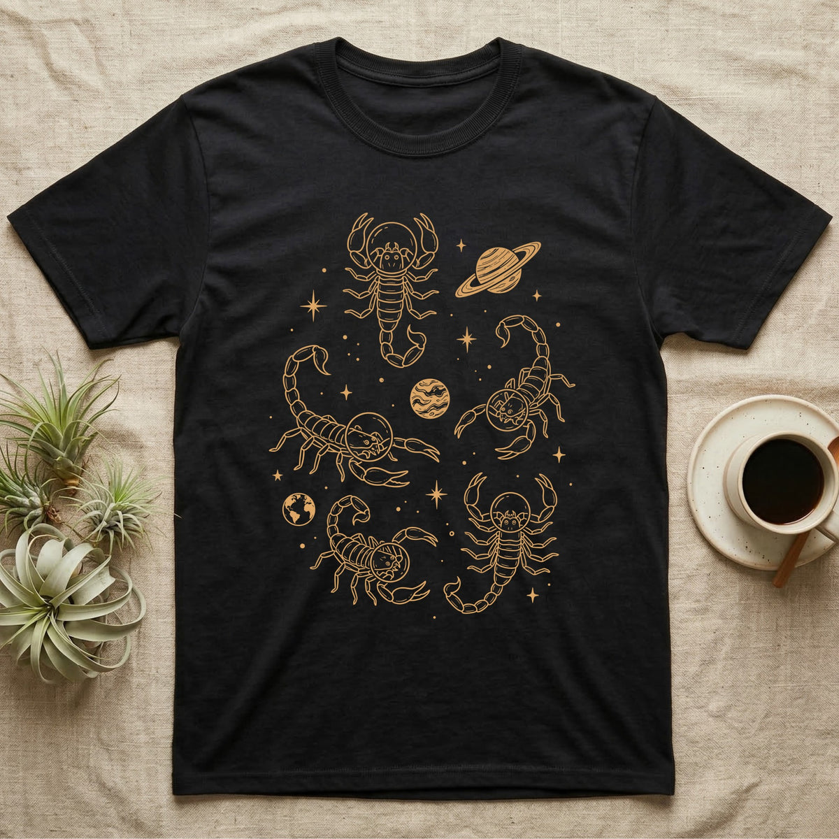Scorpion Cosmic T-Shirt in Black — Vintage screen-print illustration of scorpions in astronaut helmets floating in space, cosmic amber monochromatic on dark background.
