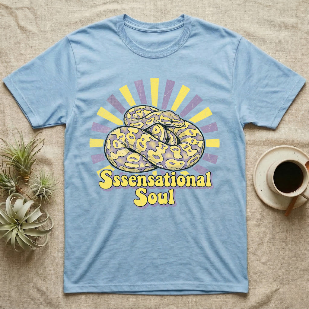 Light blue t-shirt with coiled snake and "Ssensational Soul" text.