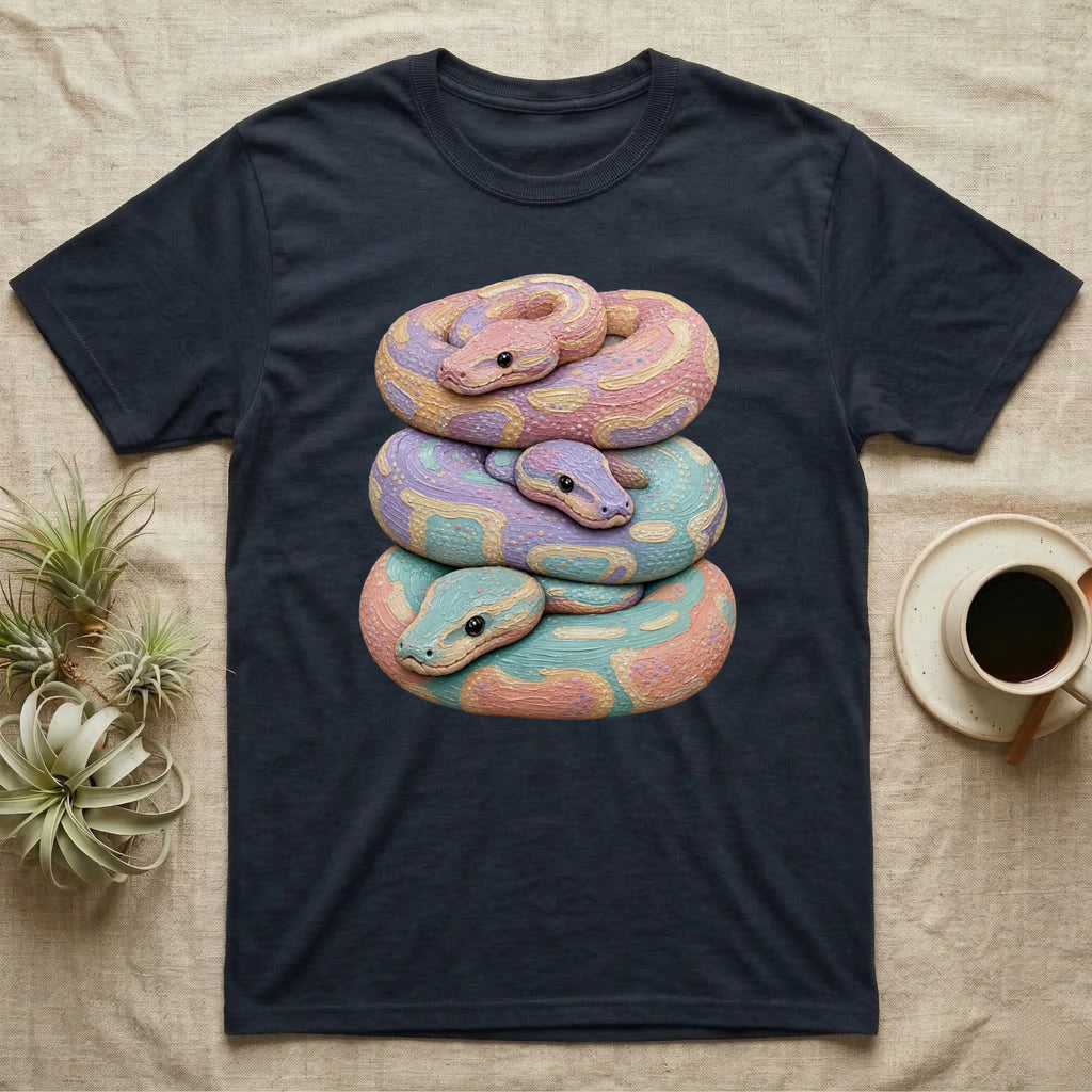 Dark t-shirt with a stacked pastel snake design.