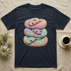 Dark t-shirt with a stacked pastel snake design.