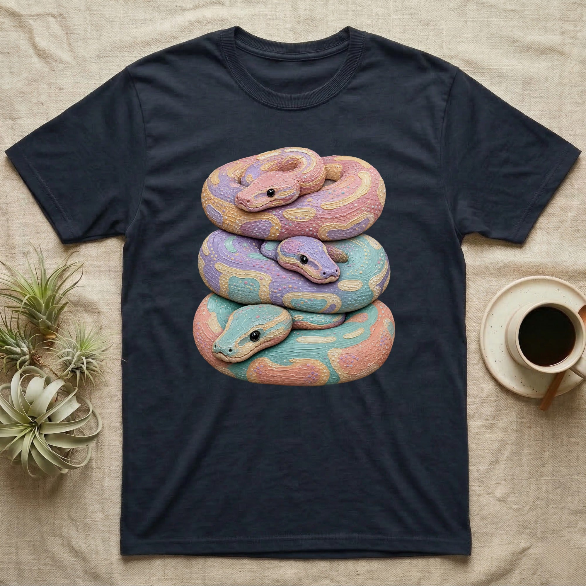 Dark t-shirt with a stacked pastel snake design.