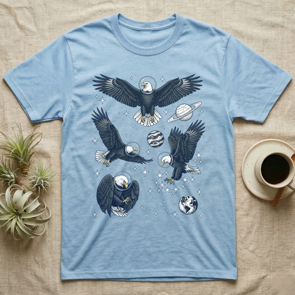 Light blue t-shirt with four eagles in outer space designs.
