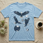 Light blue t-shirt with four eagles in outer space designs.