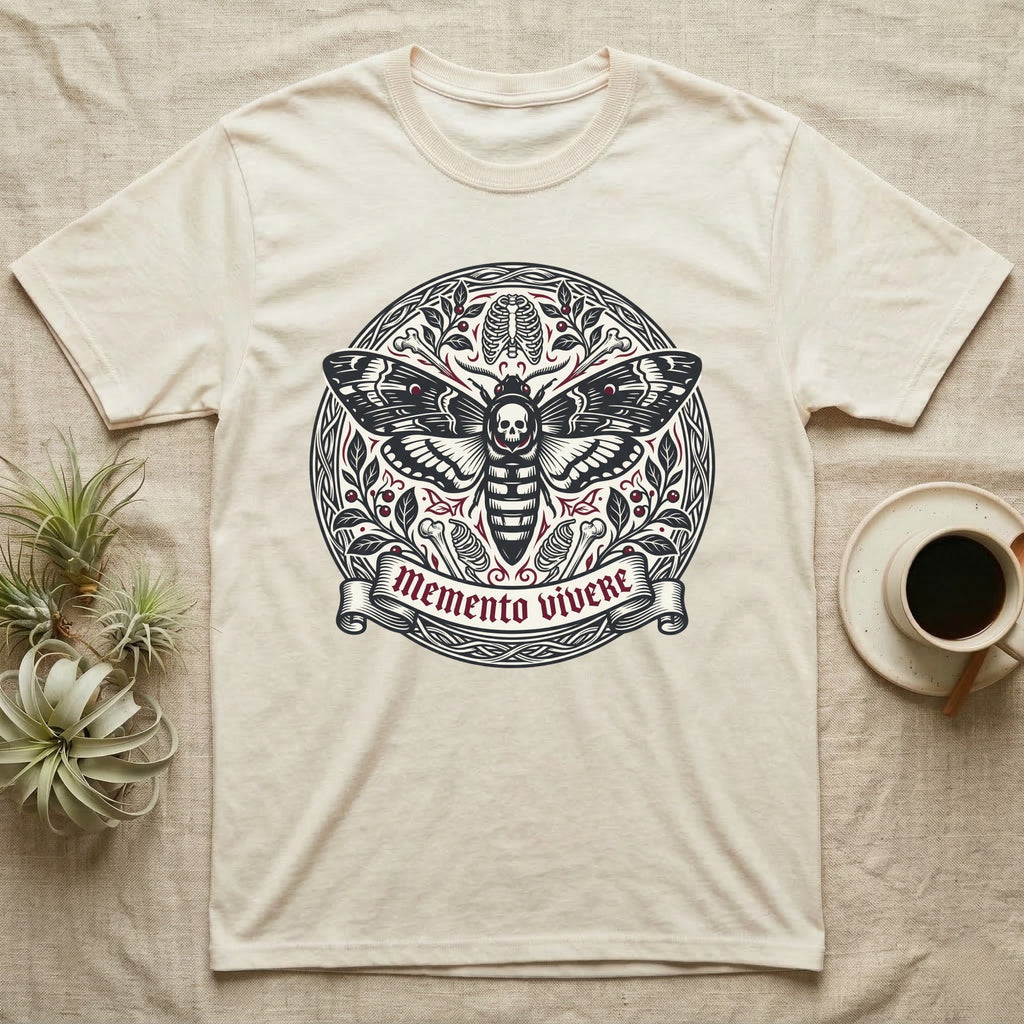 Cream t-shirt with circular moth and "Memento Vivere" design.