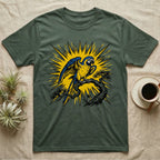 T-shirt featuring a blue and yellow macaw perched on a stylized tree branch with a sunburst background.