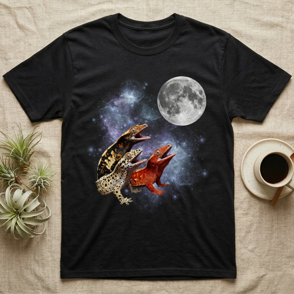 Crested Gecko Moon Howl T-Shirt in Black — Three Crested Gecko colour morphs howling at a full moon over a nebula on a dark grey t-shirt.
