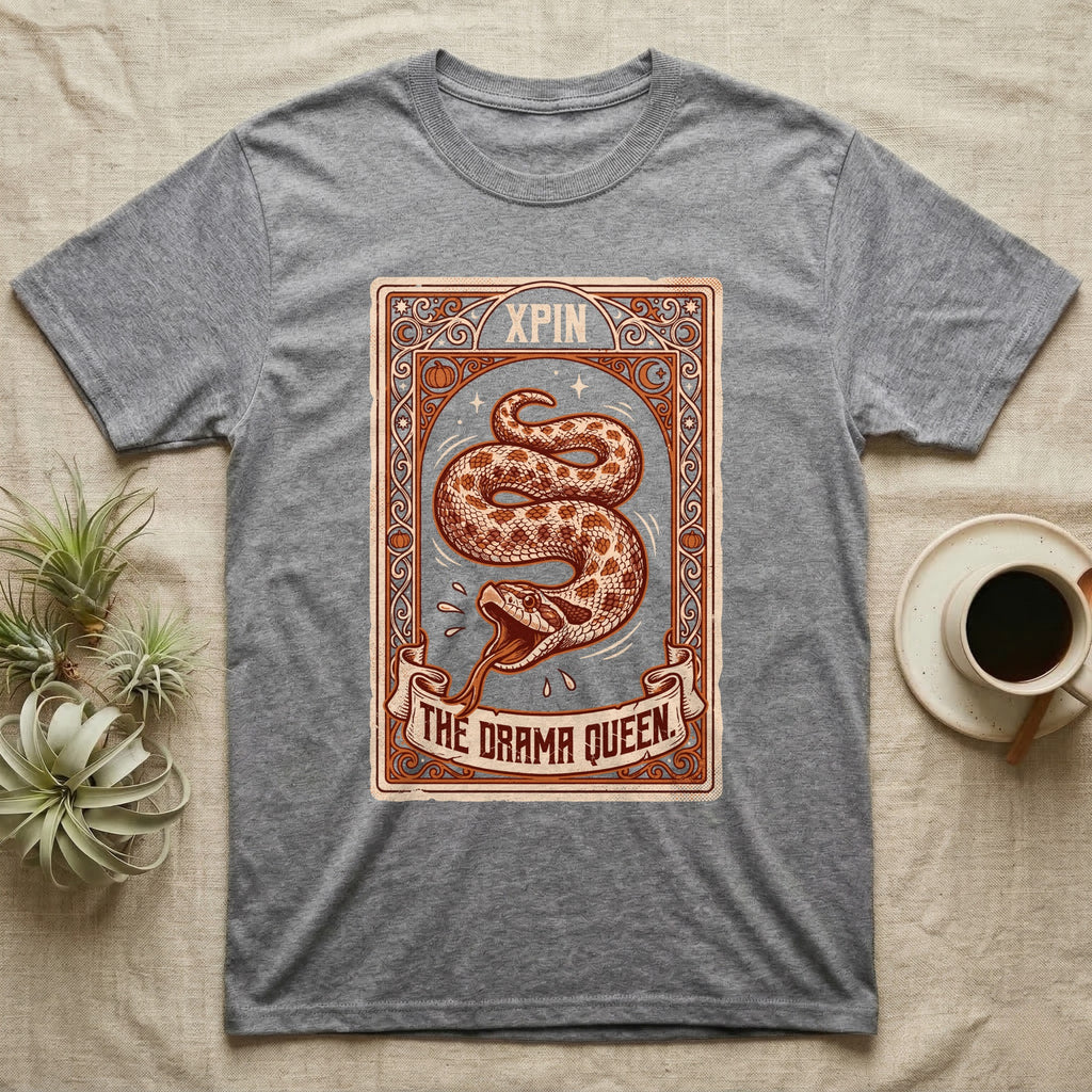 Hognose Snake Drama Queen T-Shirt in Sport Grey — Ornate tarot card of a western hognose snake playing dead, banner reading "The Drama Queen."