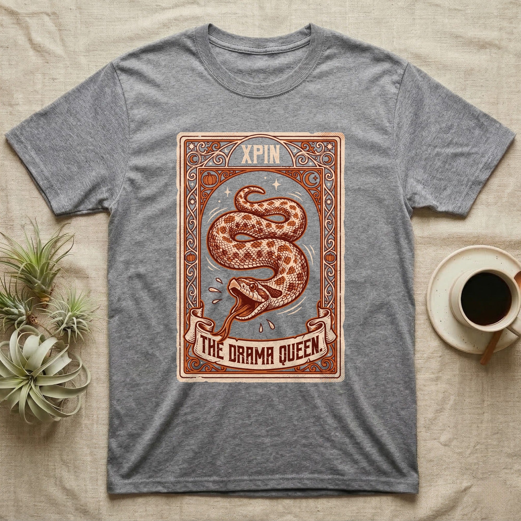 Hognose Snake Drama Queen T-Shirt in Sport Grey — Ornate tarot card of a western hognose snake playing dead, banner reading "The Drama Queen."