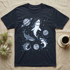 T-shirt featuring sharks in space suits with planets and stars.