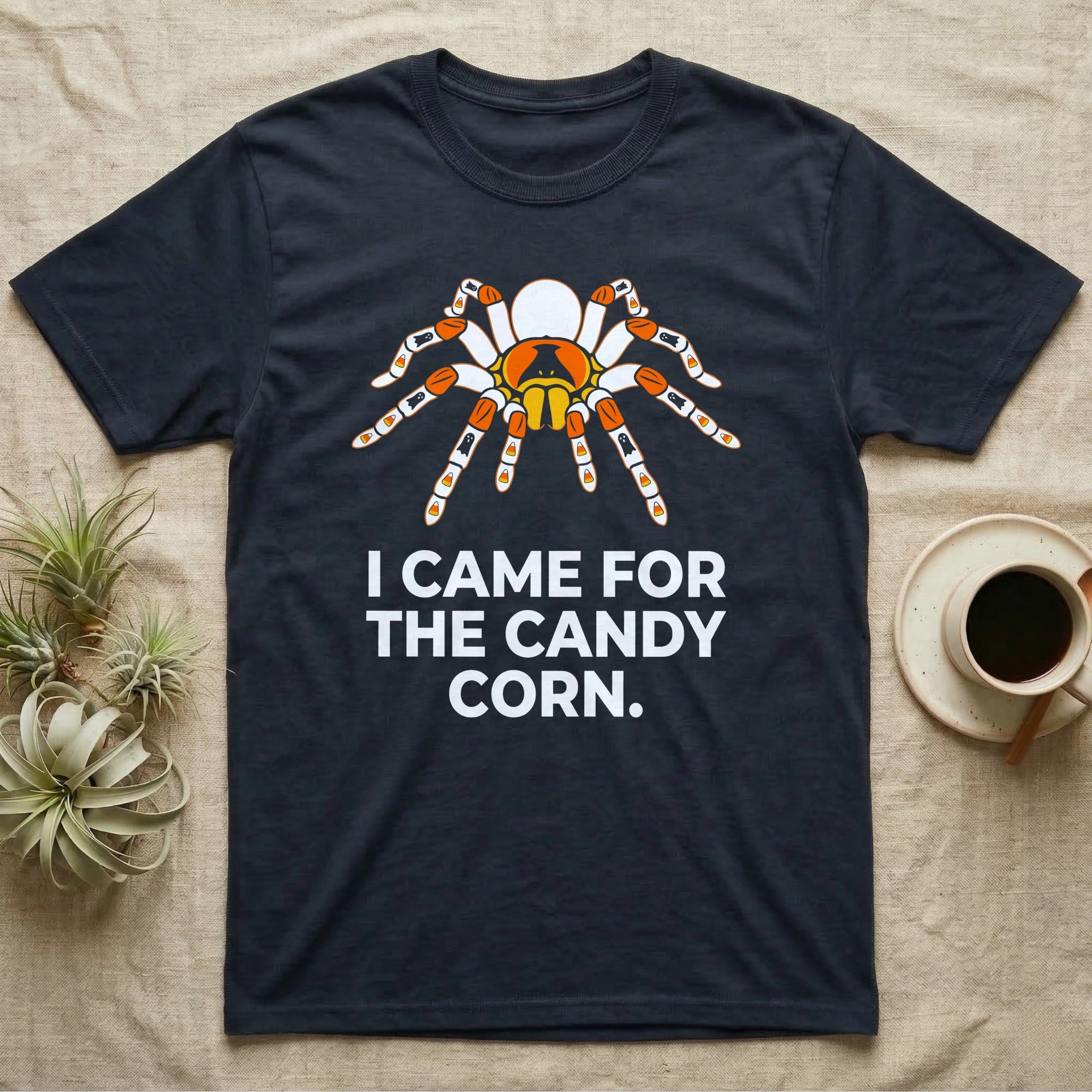 Tarantula Candy Corn T-Shirt in Navy — Clean vector tarantula with candy-corn and ghost patterned legs, "I Came for the Candy Corn."