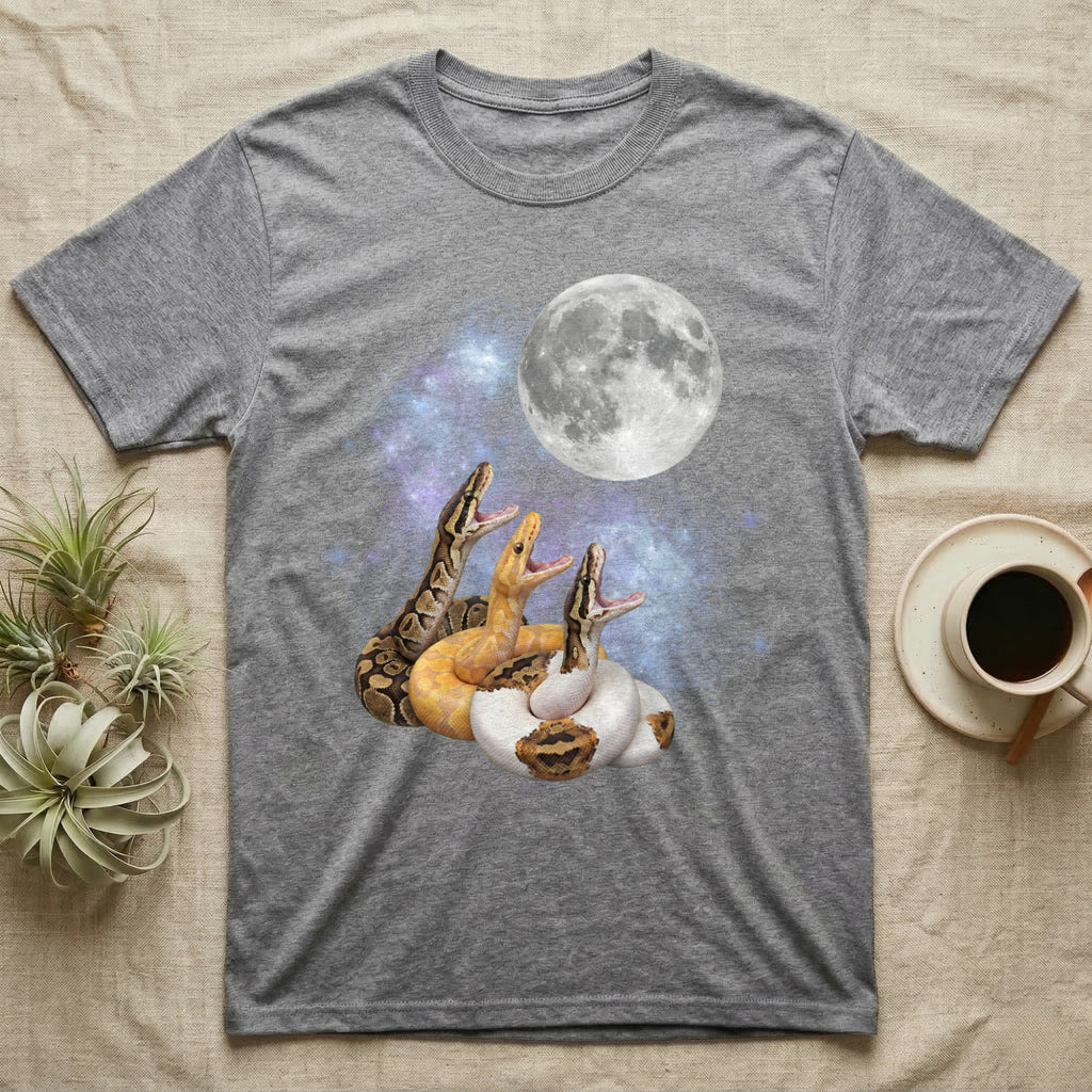 Ball Python Moon Howl T-Shirt in Sport Grey — Three Ball Python colour morphs howling at a full moon over a nebula on a dark grey t-shirt.