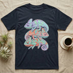 T-shirt with three stacked chameleons in pastel colors.