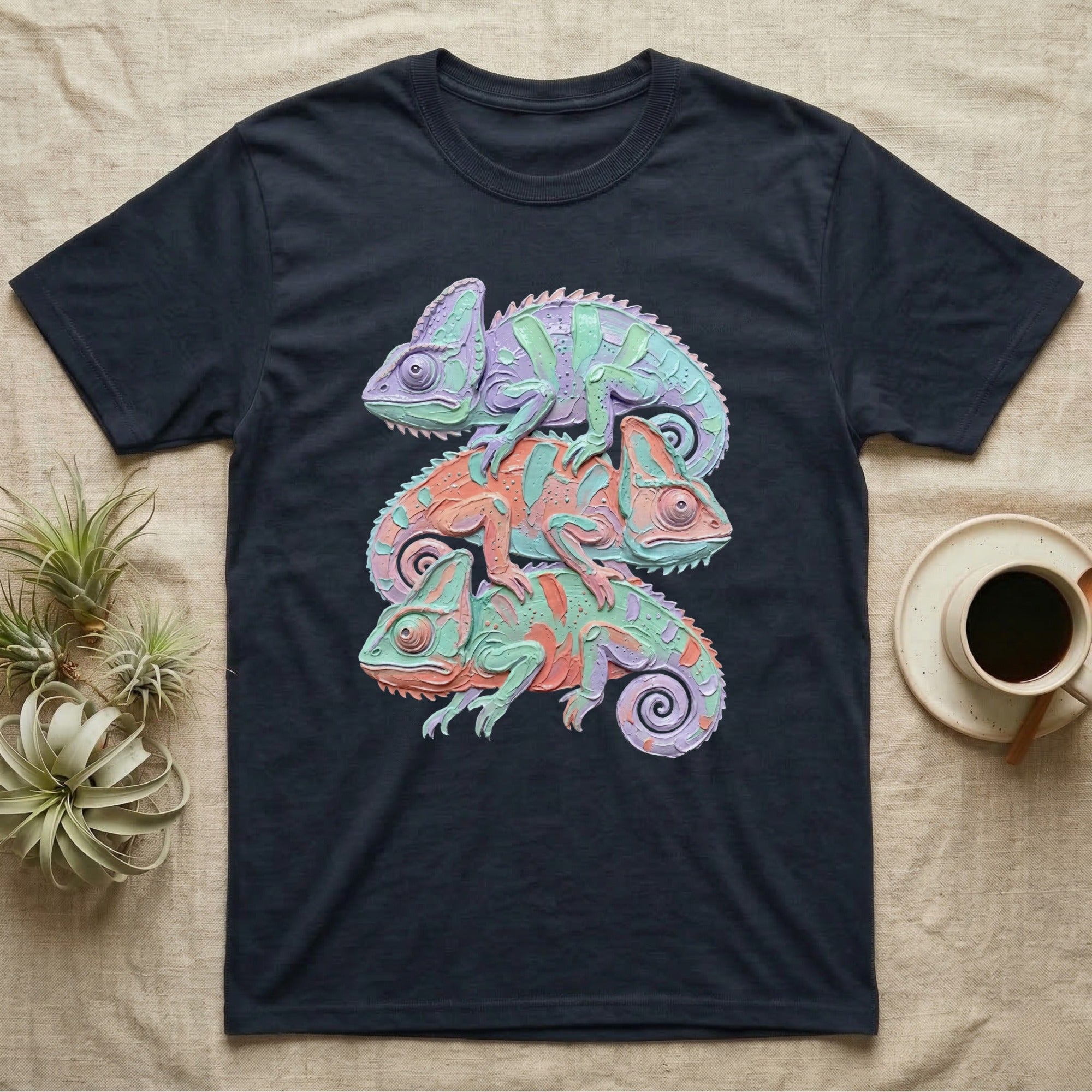 T-shirt with three stacked chameleons in pastel colors.