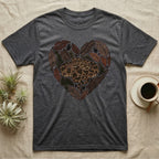 Dark grey t-shirt with snake and leaves forming a heart graphic.