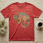 Quilted patchwork chameleon graphic on a heather red t-shirt.