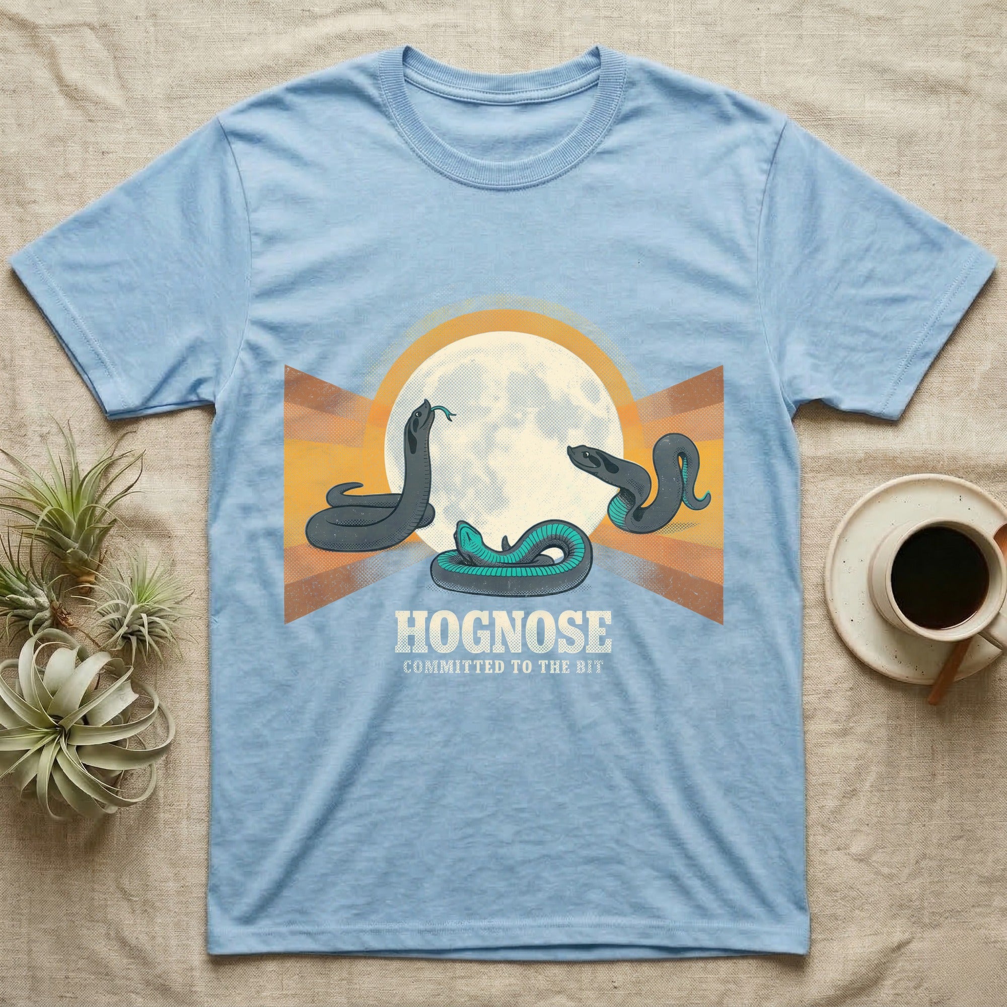 Three Hognose Moon Tee in Light Blue — Retro-illustration of three western hognose snakes in distinct death-feign poses around a stratified halftone full moon.