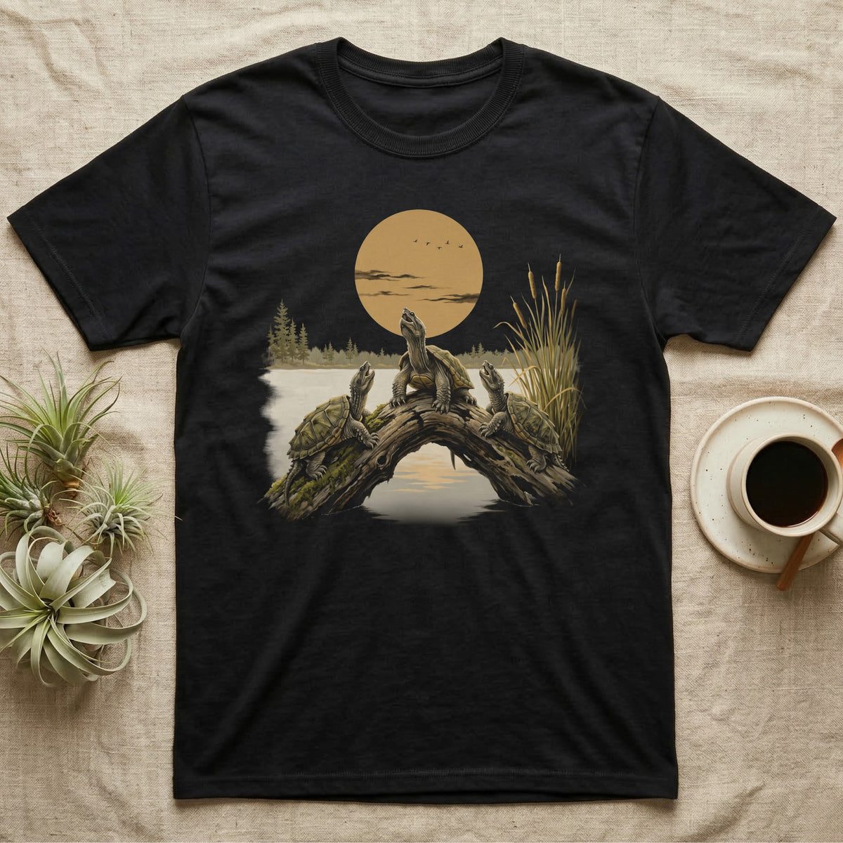 Snapping Turtle Moon T-Shirt in Black — Painted 90s wildlife art of three snapping turtles on a marsh log howling at a golden moon