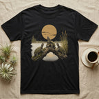 Snapping Turtle Moon T-Shirt in Black — Painted 90s wildlife art of three snapping turtles on a marsh log howling at a golden moon