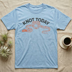 Corn Snake Knot Today T-Shirt in Light Blue — Worn-stamp corn snake stretched into a half-tied bow beneath a fat arched "KNOT TODAY" headline.