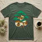 Green t-shirt with a stylized python and bonsai tree design.