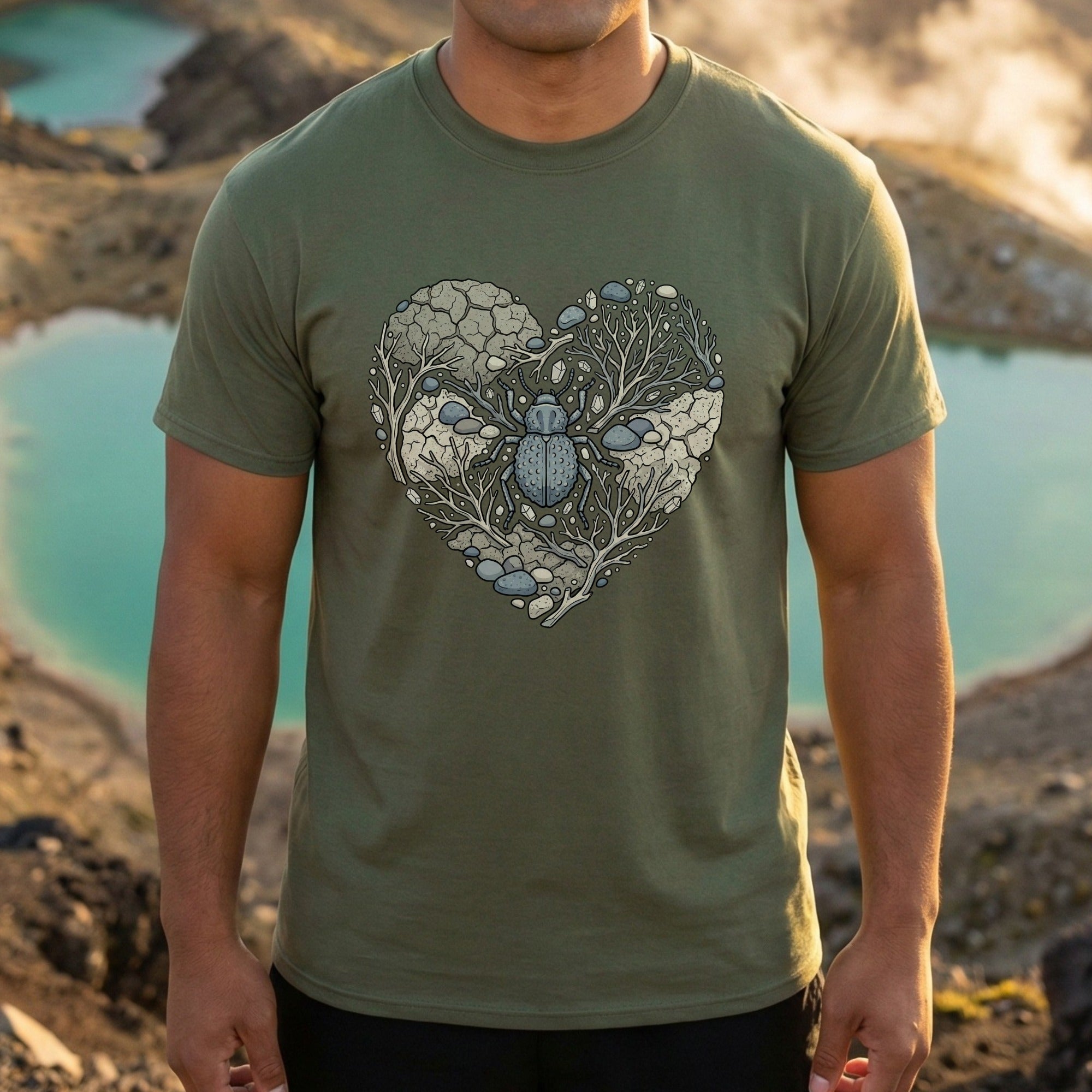 Unique Heart-Shaped Beetle Design on Green T-shirt Product