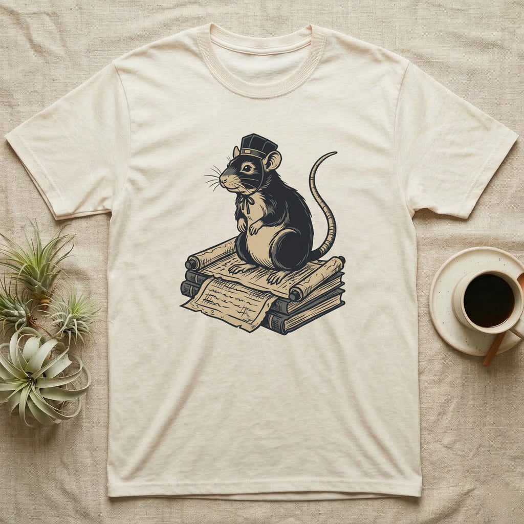 Illustration of a rat wearing a cap, sitting on stacked scrolls.