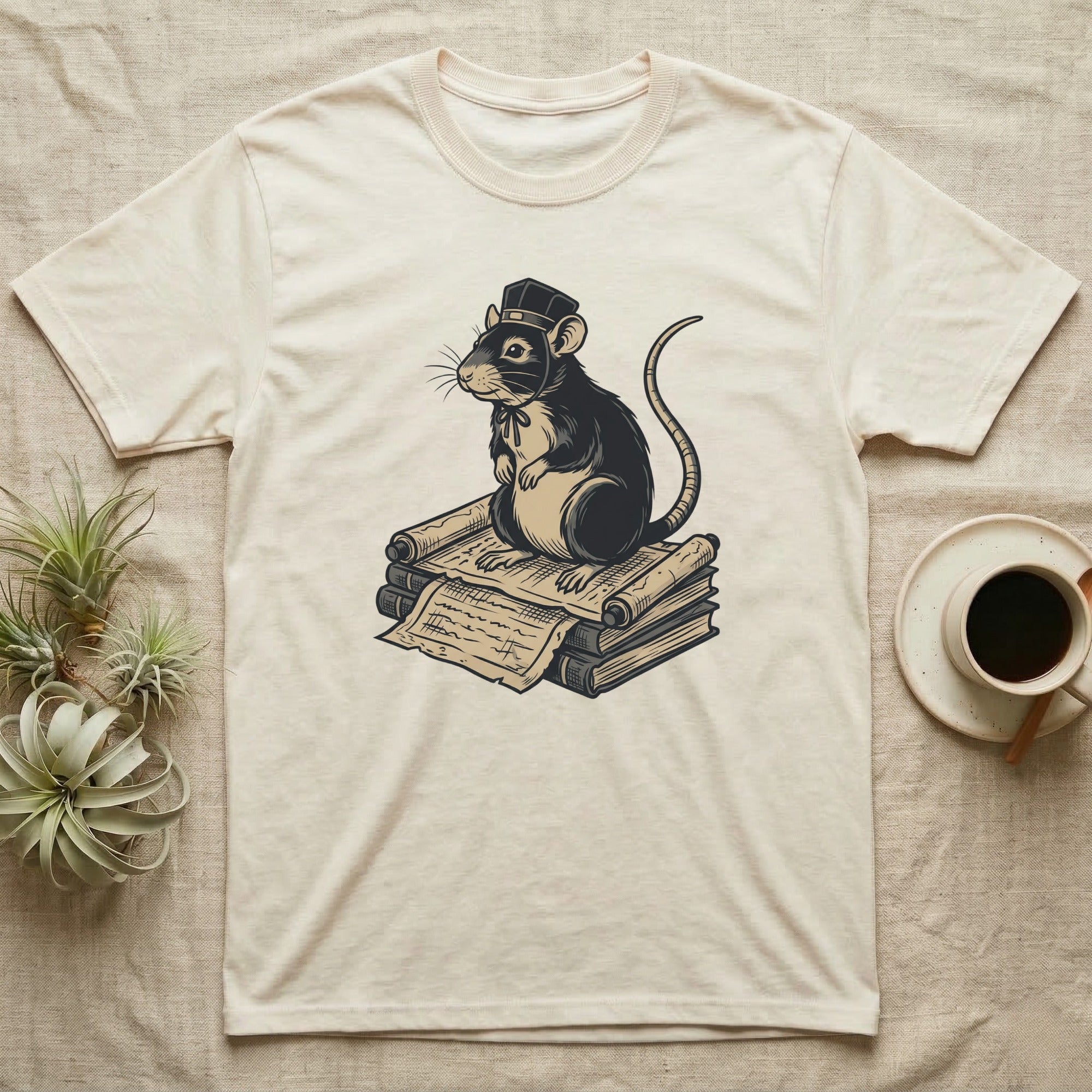Illustration of a rat wearing a cap, sitting on stacked scrolls.