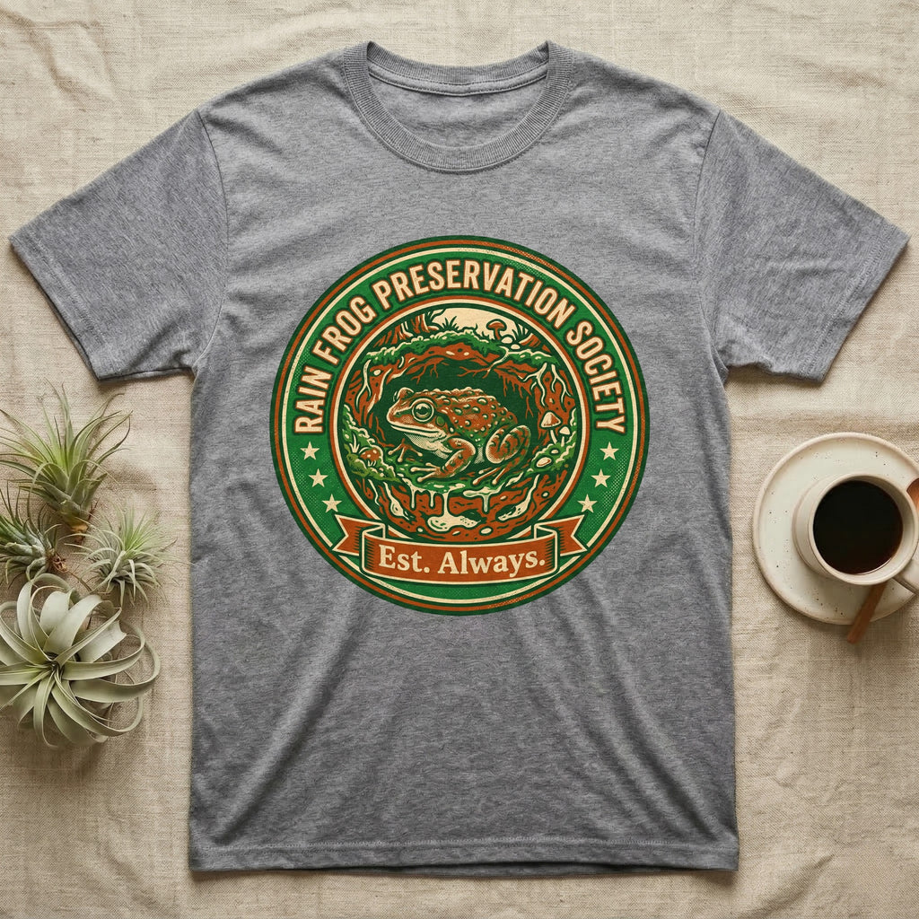 Grey t-shirt with "Rain Frog Preservation Society" emblem featuring a frog.