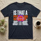 Frog Jack-O'-Lantern Illusion T-Shirt in Navy — Typographic graphic of an orange frog doubling as a jack-o'-lantern, "Is That a Pumpkin? Or Just a Frog."