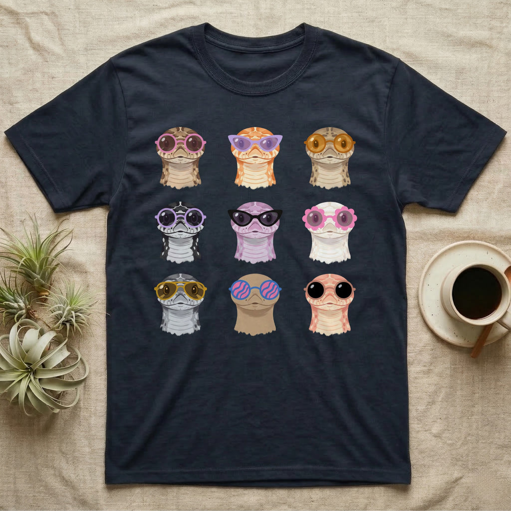 Hognose Morphs Sunglasses T-Shirt in Navy — Gouache grid of nine western hognose snake morphs as frontal busts, each wearing different sunglasses