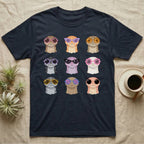 Hognose Morphs Sunglasses T-Shirt in Navy — Gouache grid of nine western hognose snake morphs as frontal busts, each wearing different sunglasses