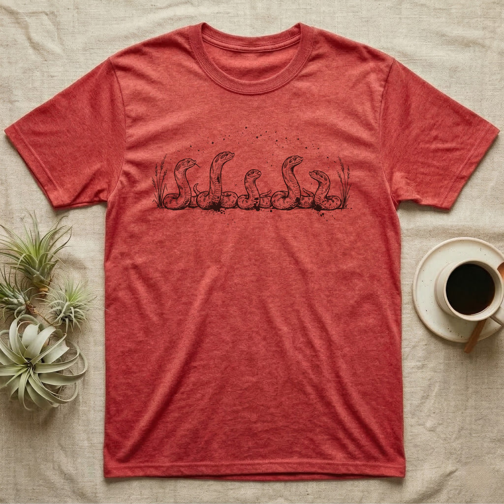 Western Hognose Frieze T-Shirt in Heather Red — Five western hognose snakes drawn in a row of loose black ink, upturned snouts raised, splatter forming the ground line.