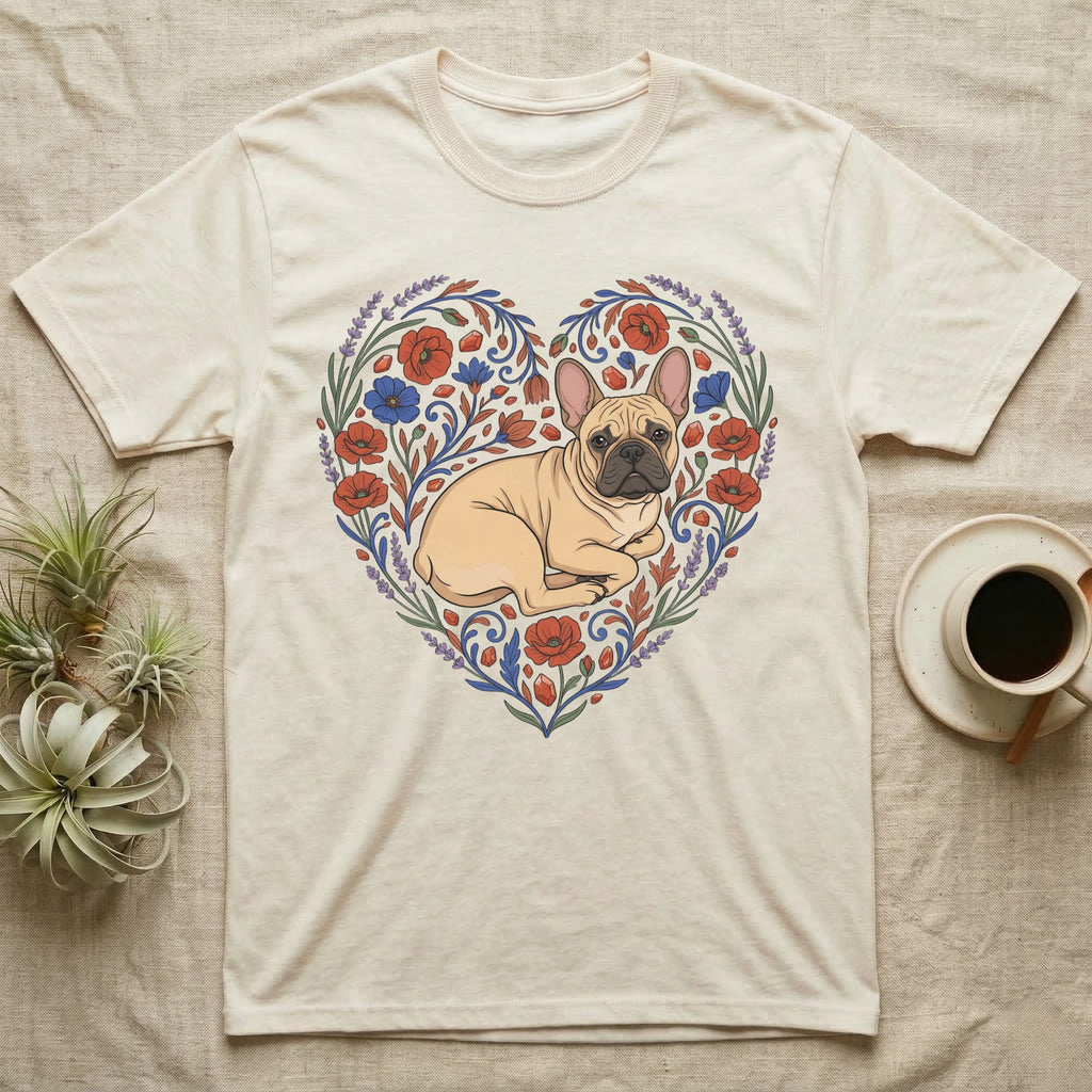 Cream t-shirt with a French bulldog illustration within a floral heart design.