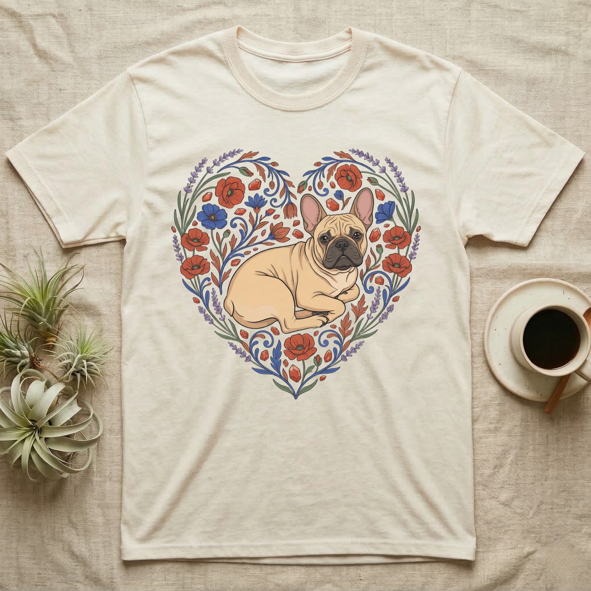 Cream t-shirt with a French bulldog illustration within a floral heart design.