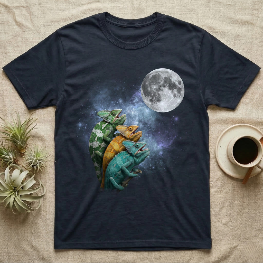 Veiled Chameleon Moon Howl T-Shirt in Navy — Three Veiled Chameleon colour morphs howling at a full moon over a nebula on a dark grey t-shirt.