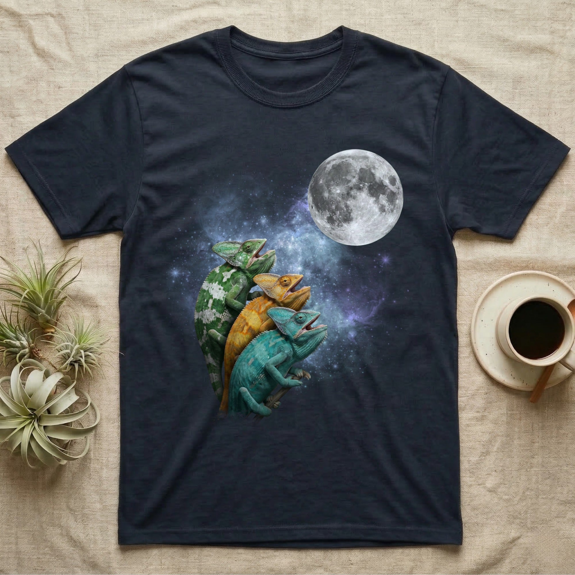 Veiled Chameleon Moon Howl T-Shirt in Navy — Three Veiled Chameleon colour morphs howling at a full moon over a nebula on a dark grey t-shirt.