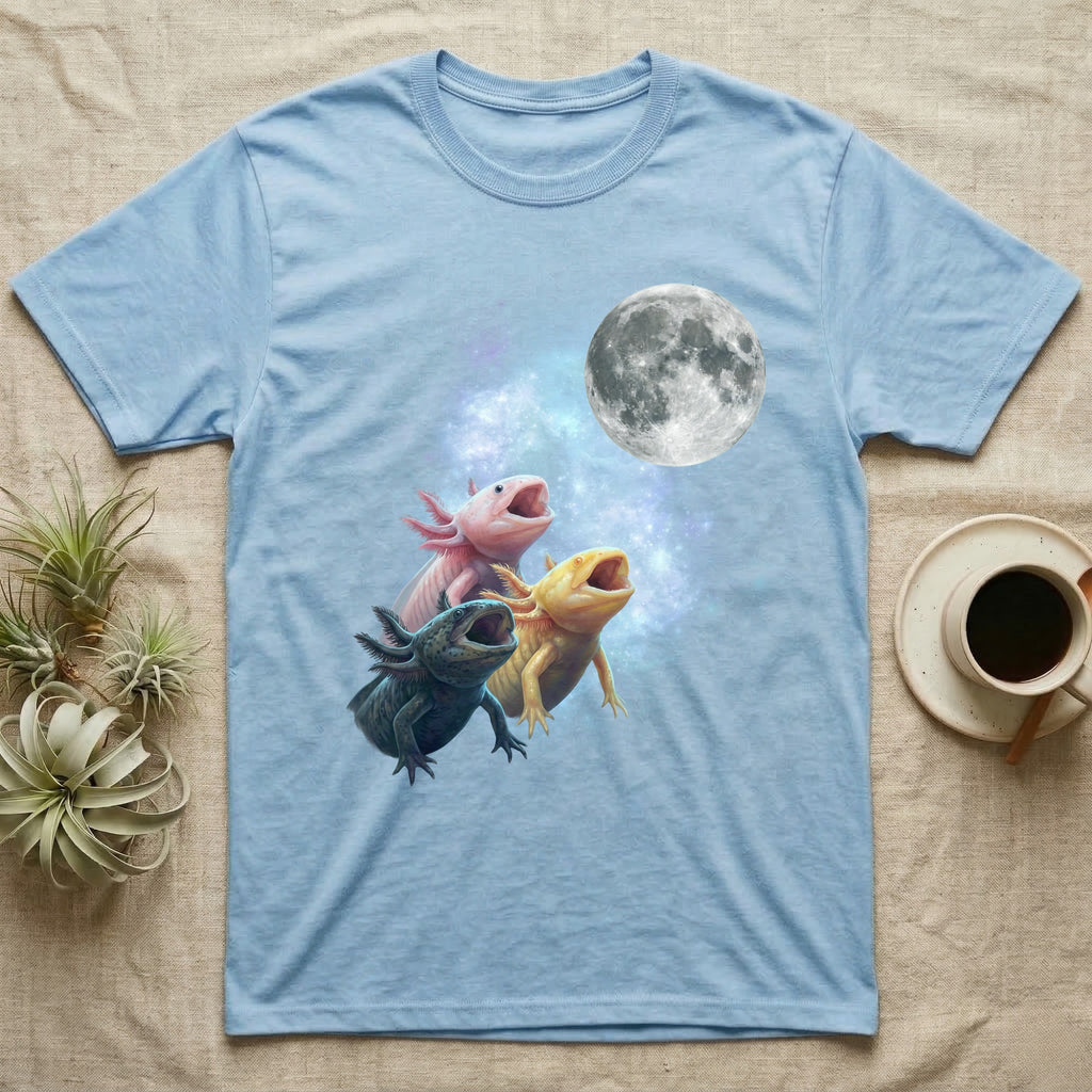 Axolotl Moon Howl T-Shirt in Light Blue — Three Axolotl colour morphs howling at a full moon over a nebula on a dark grey t-shirt.