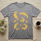 Leopard Gecko Cosmic T-Shirt in Sport Grey — Vintage screen-print illustration of leopard geckos in astronaut helmets floating in space, sulfur amber monochromatic on dark background.