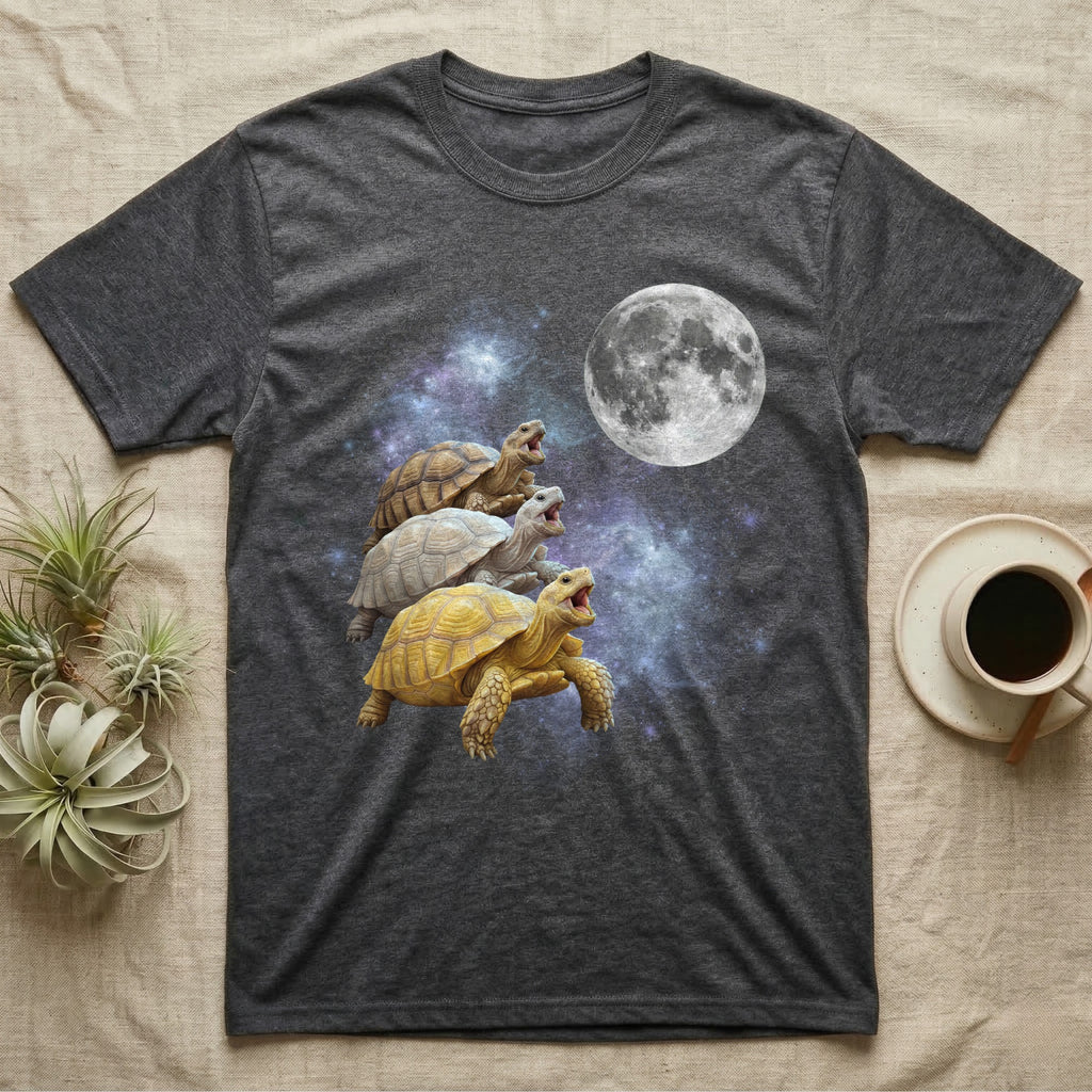 Sulcata Tortoise Moon Howl T-Shirt in Dark Heather — Three Sulcata Tortoise colour morphs howling at a full moon over a nebula on a dark grey t-shirt.