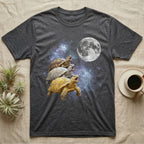 Sulcata Tortoise Moon Howl T-Shirt in Dark Heather — Three Sulcata Tortoise colour morphs howling at a full moon over a nebula on a dark grey t-shirt.