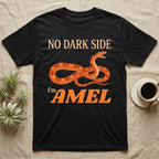 Amel Corn Snake T-Shirt in Black — Orange engraved amel corn snake with orange-red saddles mid-hiss between peach and orange lettering reading NO DARK SIDE, I'm AMEL