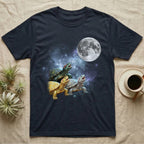 Red-Eared Slider Moon Howl T-Shirt in Navy — Three Red-Eared Slider colour morphs howling at a full moon over a nebula on a dark grey t-shirt.