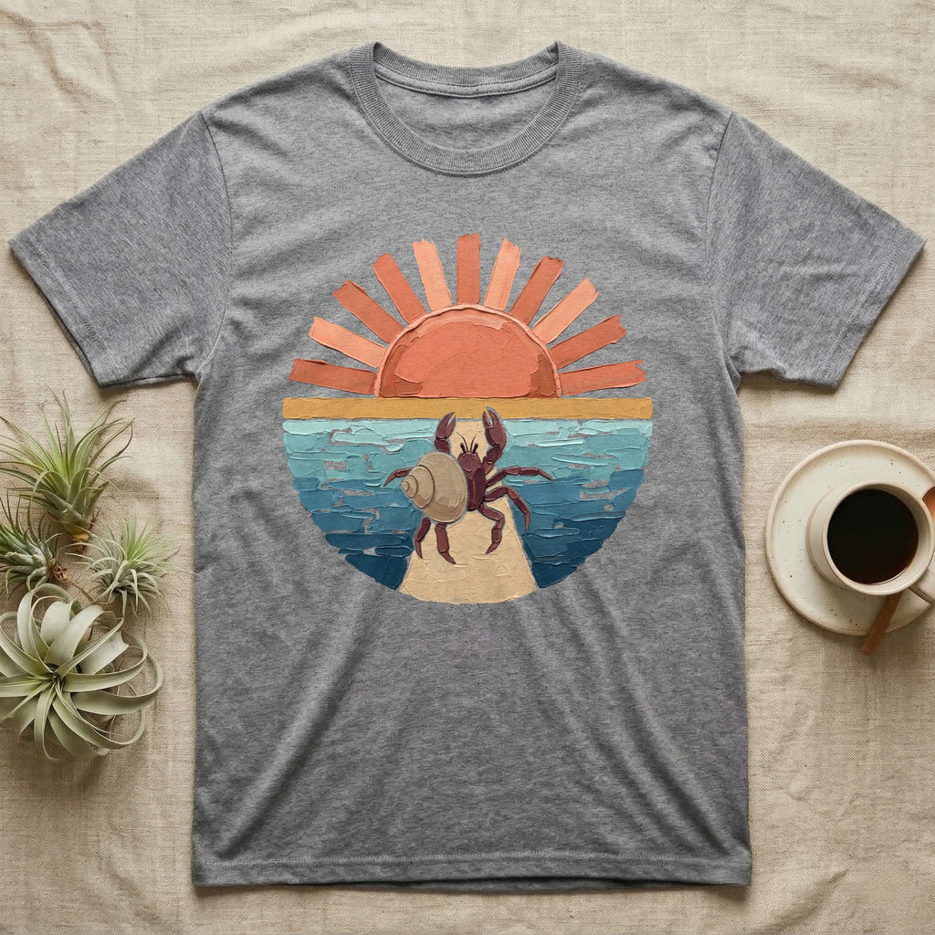 Hermit Crab Big Stretch T-Shirt in Sport Grey — Palette-knife painted medallion of a Caribbean hermit crab at full stretch under a coral sunburst.